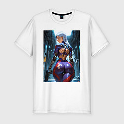 Мужская slim-футболка Девушка с оружием в киберпанк стиле