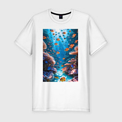 Мужская slim-футболка Подводный коралловый риф с рыбками