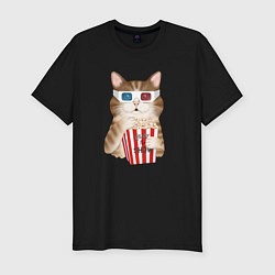 Футболка slim-fit Котик киноман в очках 3d, цвет: черный