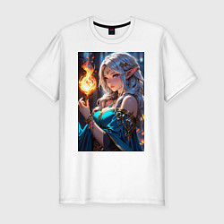 Футболка slim-fit Прекрасная эльфийка-маг с шаром огня, цвет: белый