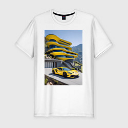 Мужская slim-футболка Желтый суперкар у дома