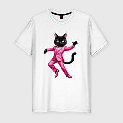 Футболка slim-fit Черный кот в розовом костюме танцует, цвет: белый