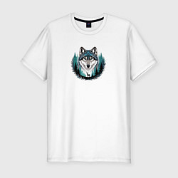 Футболка slim-fit Голова волка над лесом и силуэт оленя, цвет: белый