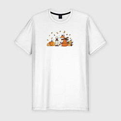 Мужская slim-футболка Лиса с тыквами и фонарём