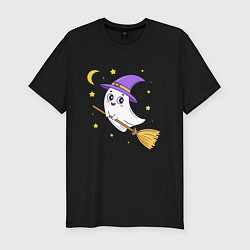 Мужская slim-футболка Хэллоуин, привидение на метле, луна