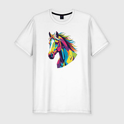 Футболка slim-fit Портрет яркой цветной лошади, цвет: белый