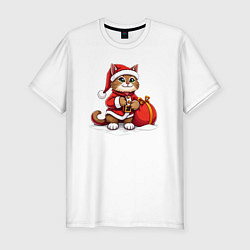 Футболка slim-fit Котик дед мороз с мешочком подарков, цвет: белый