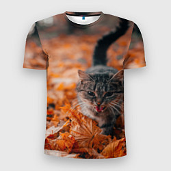 Мужская спорт-футболка Мяукающий кот осенние листья