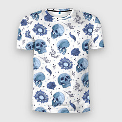 Мужская спорт-футболка Узор Голубые черепа с цветами