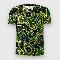 Мужская спорт-футболка Ярко зеленые славянские узоры