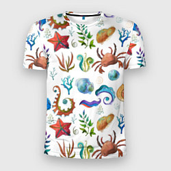 Мужская спорт-футболка Морской паттерн с крабами и водорослями