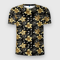 Мужская спорт-футболка Золотые цветы на черном фоне