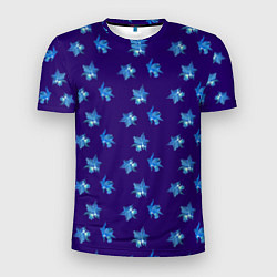 Мужская спорт-футболка Цветы Фиолето-Белые Гибискус На Синем Фоне