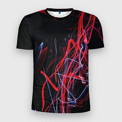 Мужская спорт-футболка Неоновые лучи в абстракции - Красный и синий