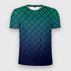 Мужская спорт-футболка Клетчатый узор на сине-зеленом градиентном фоне