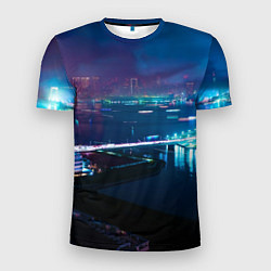 Мужская спорт-футболка Неоновый город и мост - Синий