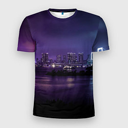 Мужская спорт-футболка Неоновый город с рекой - Фиолетовый