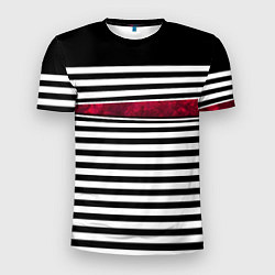 Мужская спорт-футболка Полосатый современный черно-белый с красной вставк