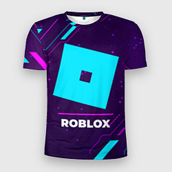 Футболка спортивная мужская Символ Roblox в неоновых цветах на темном фоне, цвет: 3D-принт