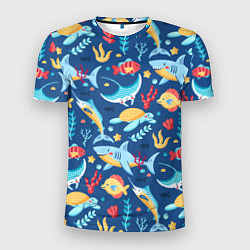 Мужская спорт-футболка Акула, скат и другие обитатели океана - лето