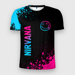 Мужская спорт-футболка Nirvana - neon gradient: символ и надпись вертикал