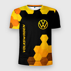 Мужская спорт-футболка Volkswagen - gold gradient: символ и надпись верти