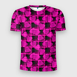 Мужская спорт-футболка Black and pink hearts pattern on checkered