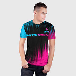 Футболка спортивная мужская Mitsubishi - neon gradient: символ сверху, цвет: 3D-принт — фото 2