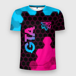 Мужская спорт-футболка GTA - neon gradient: надпись, символ