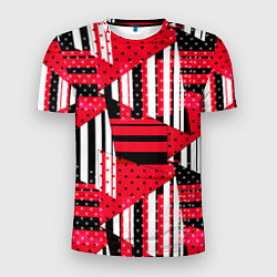 Мужская спорт-футболка Красный, черный и белый горошек и полоска, пэчворк
