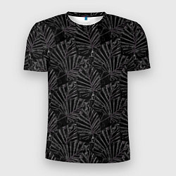 Мужская спорт-футболка Белые контуры тропических листьев на черном