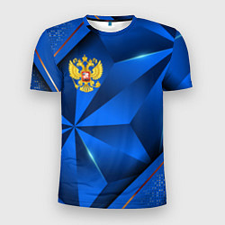 Мужская спорт-футболка Герб РФ на синем объемном фоне