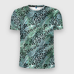 Мужская спорт-футболка Листья пальмы на леопардовом серо - зеленом фоне