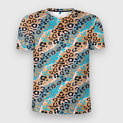 Мужская спорт-футболка Леопардовый узор на синих, бежевых диагональных по