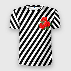 Мужская спорт-футболка Черно-белые полоски с букетом роз