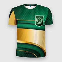 Футболка спортивная мужская Герб России на зеленой абстракции, цвет: 3D-принт