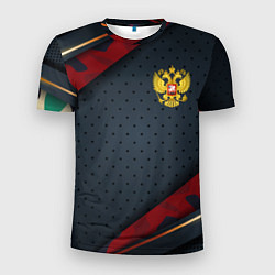 Мужская спорт-футболка Герб России черно-красный камуфляж