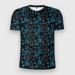 Мужская спорт-футболка Знаки зодиака и звезды на сине- черном фоне