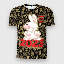 Футболка спортивная мужская Happy New Year, кролик сидит на цифрах 2023, цвет: 3D-принт