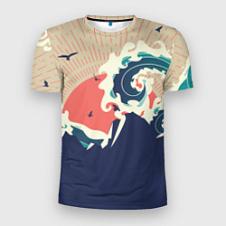 Футболка спортивная мужская Большая океанская волна и силуэт пустынного остров, цвет: 3D-принт
