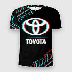Футболка спортивная мужская Значок Toyota в стиле glitch на темном фоне, цвет: 3D-принт