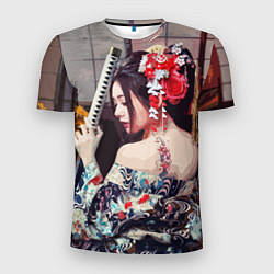 Мужская спорт-футболка Японская девушка с самурайским мечом
