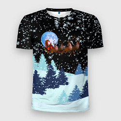 Мужская спорт-футболка Санта на оленях в ночном небе