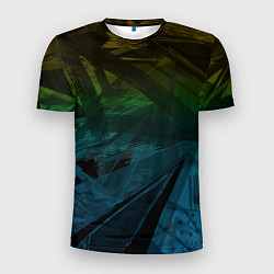 Мужская спорт-футболка Черный абстрактный узор на сине-зеленом фоне