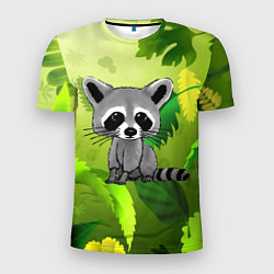 Мужская спорт-футболка Енот на фоне зеленой листвы
