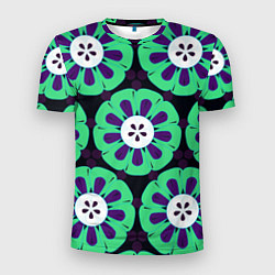 Футболка спортивная мужская Паттерн голубо-зеленые зубастые цветы, цвет: 3D-принт