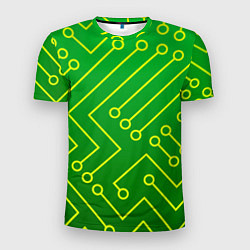 Мужская спорт-футболка Технический зелёный паттерн с жёлтыми лучами