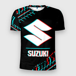 Футболка спортивная мужская Значок Suzuki в стиле glitch на темном фоне, цвет: 3D-принт