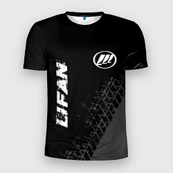 Мужская спорт-футболка Lifan speed на темном фоне со следами шин: надпись
