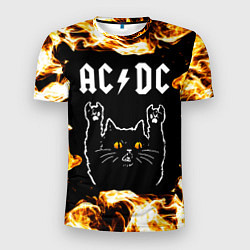 Футболка спортивная мужская AC DC рок кот и огонь, цвет: 3D-принт